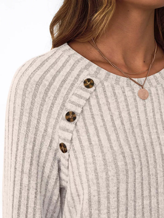 Ribbed Knit Decor Button Long Sleeve T-Shirt