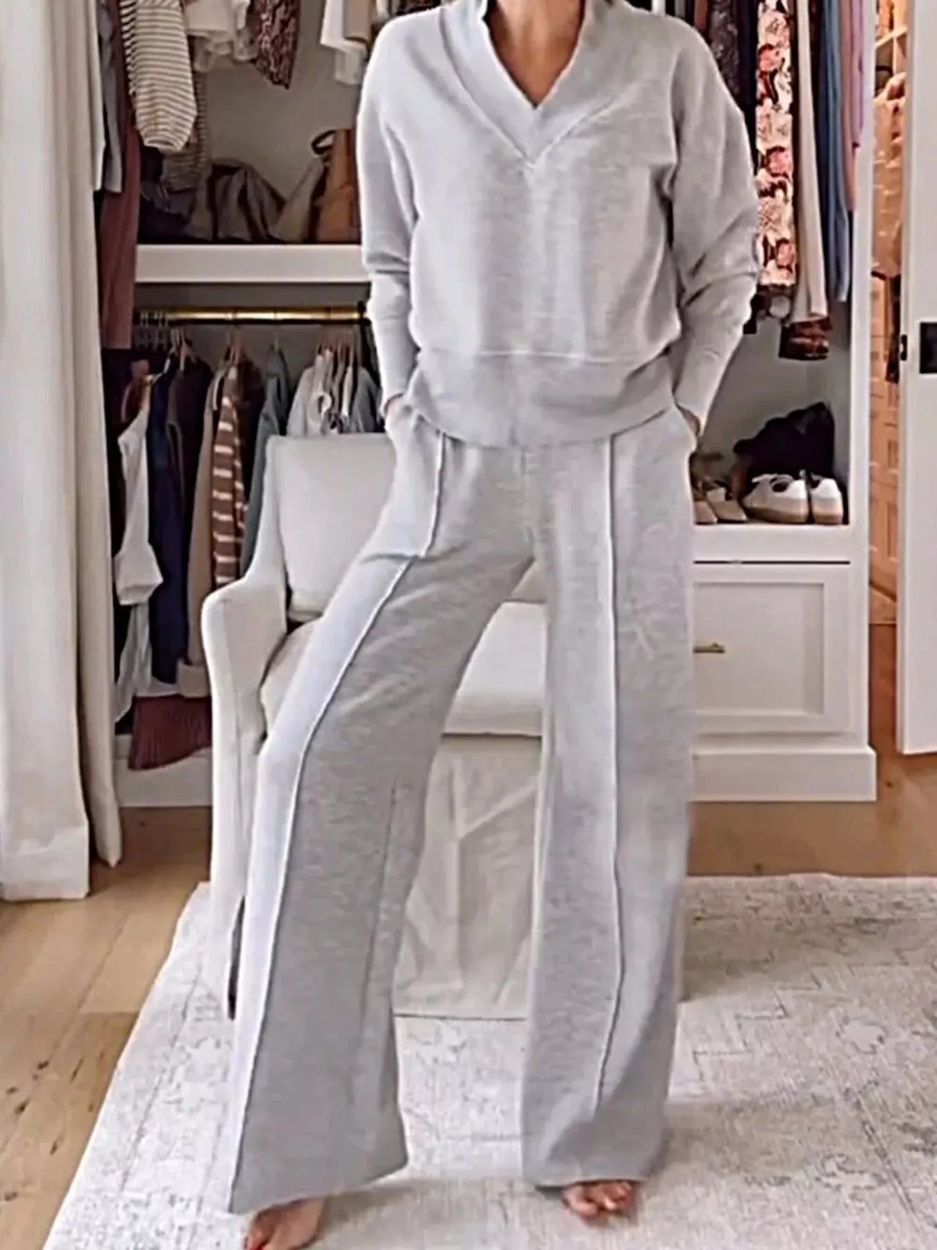 Full Size Cozy V-Neck Top and Pants Set Plus Size