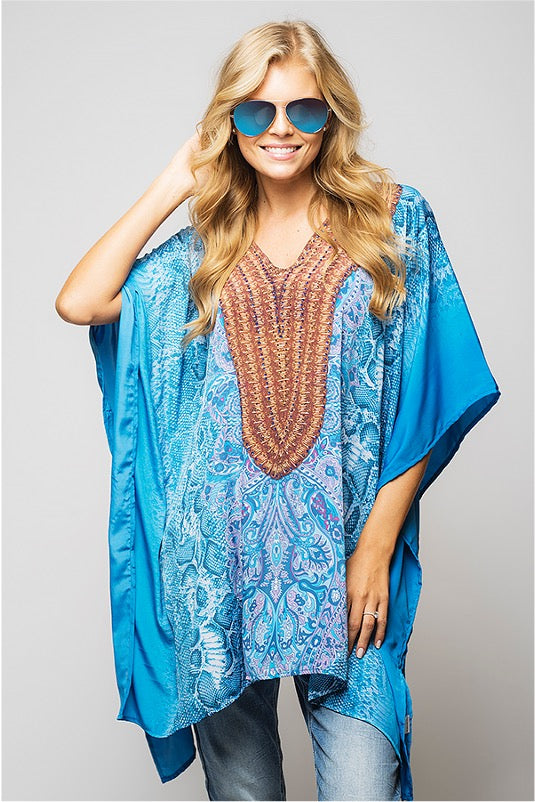 Ladies Blue Paisley Printed Sexy Caftan/Cover up