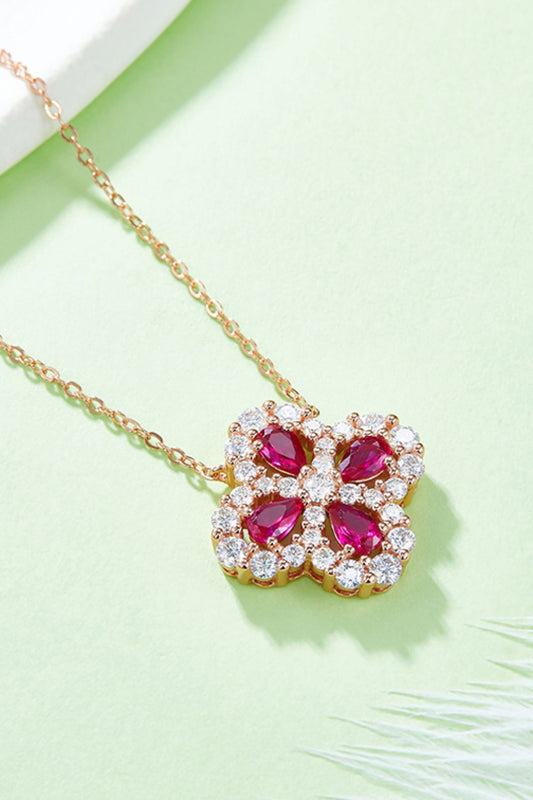 Radiant Ruby Flower Pendant Necklace – Silver