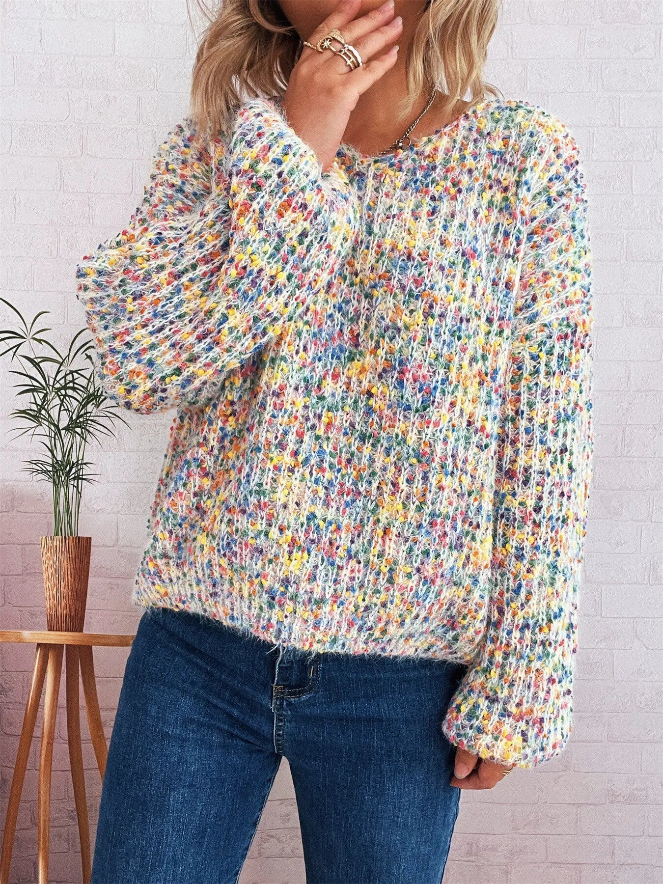 Women’s Colorful Long Sleeve Sweater – Vibrant Knit Pullover for Fall & Winter
