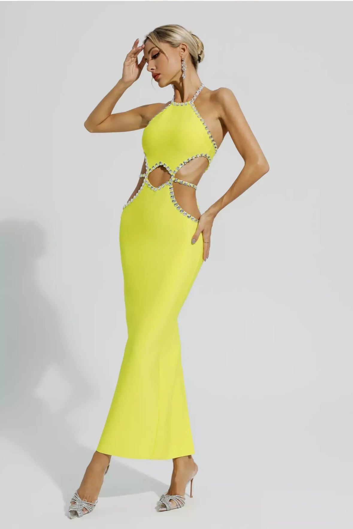Yellow cutout rhinestone maxi dress