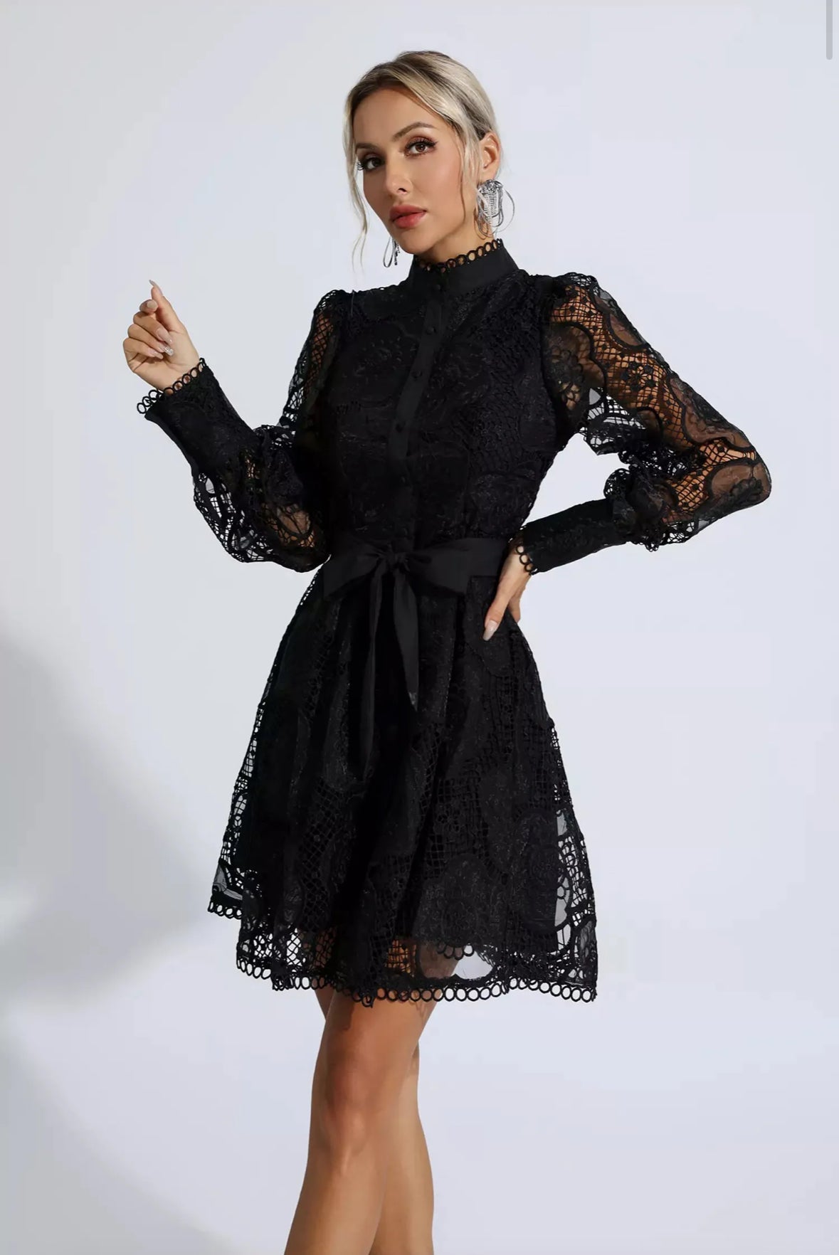 Floral lace tied black mini dress