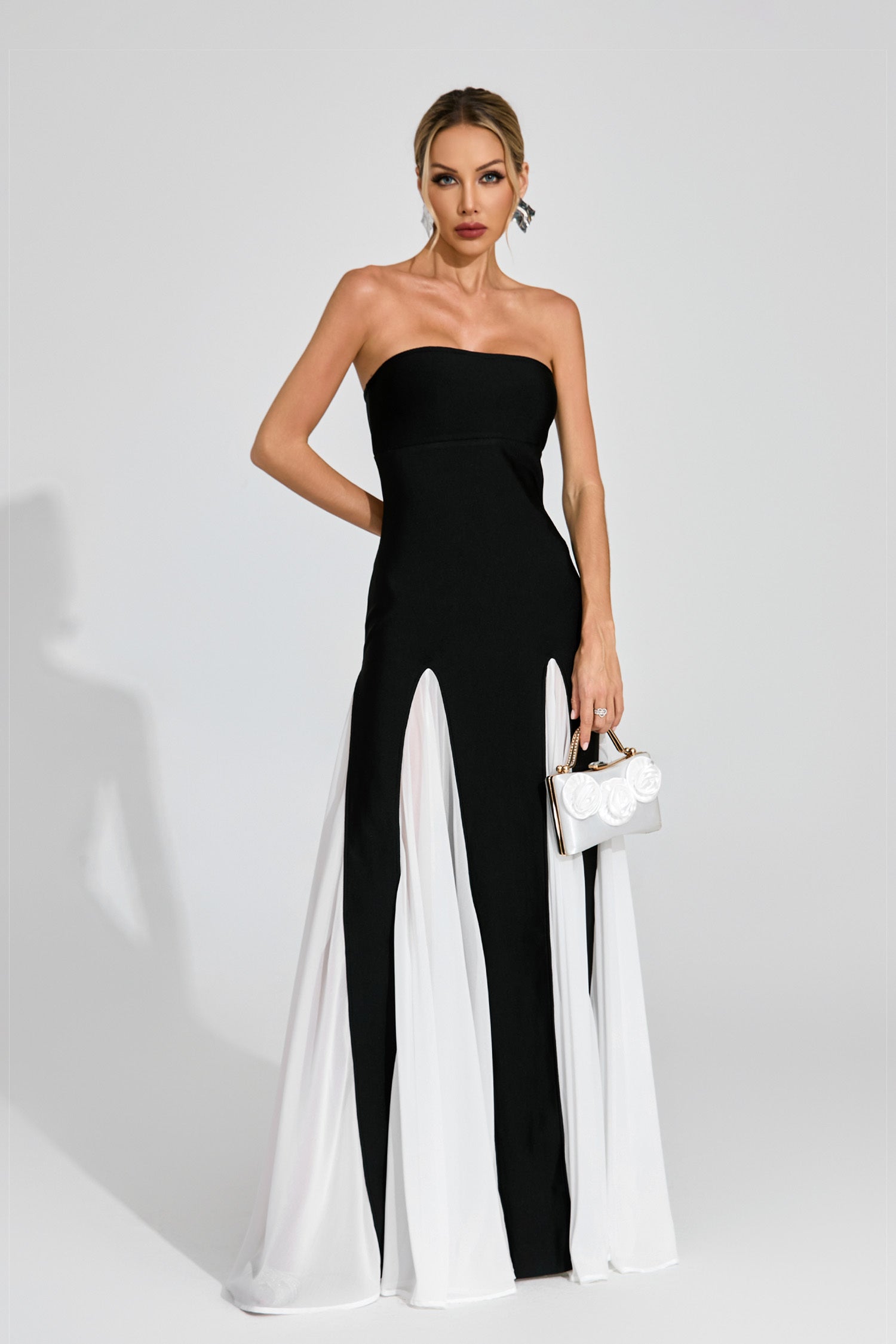 Monique Monochrome Strapless Evening Gown