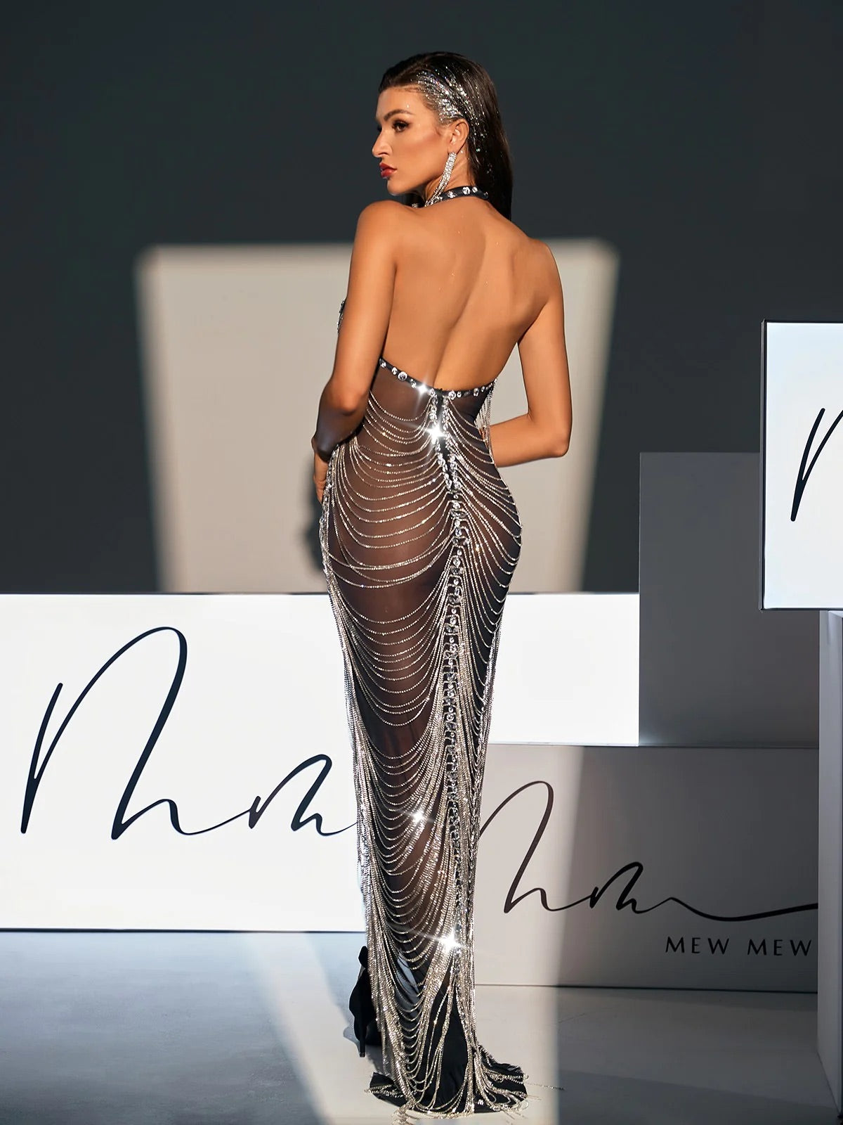 Crystal fringe mesh maxi dress