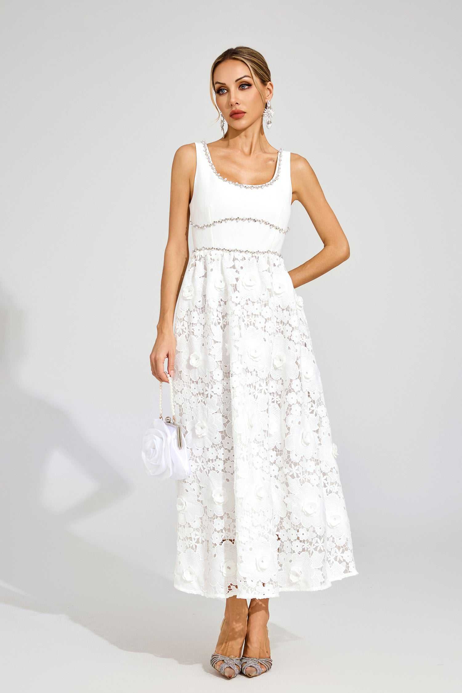 Livia Flower Embroidered Crystal Midi Dress
