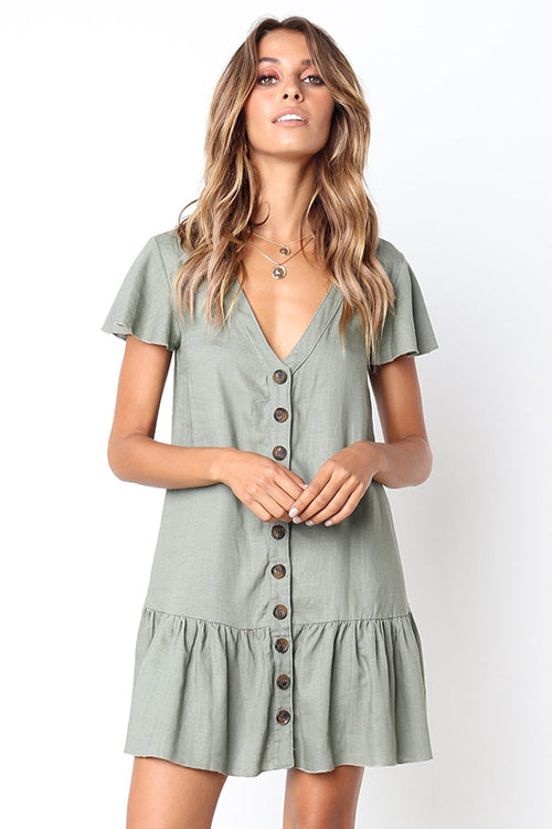 Button-up V-neck Ruffle Mini Dress - 4 Colors Green
