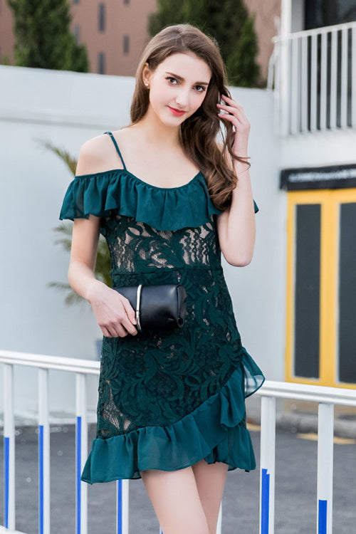 Lace Ruffle Hem Wrap Mini Dress - 3 Colors Dark Green