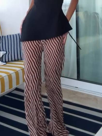 Slant-neck Backless Top And Sstripe Printed Wide Leg Pants Set-Pants Printed