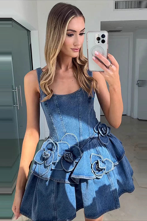 Prinsley Medium Wash Denim Flowers Mini Dress