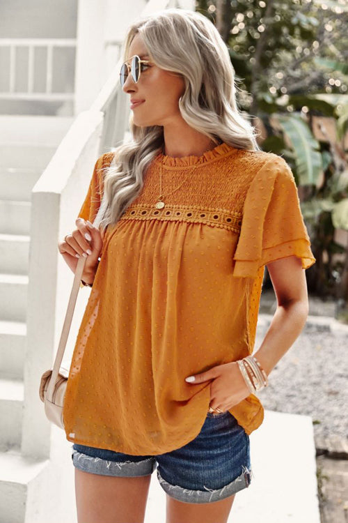 Sweet One Swiss Dot Lace Short Sleeve Top - 4 Colors Yellow
