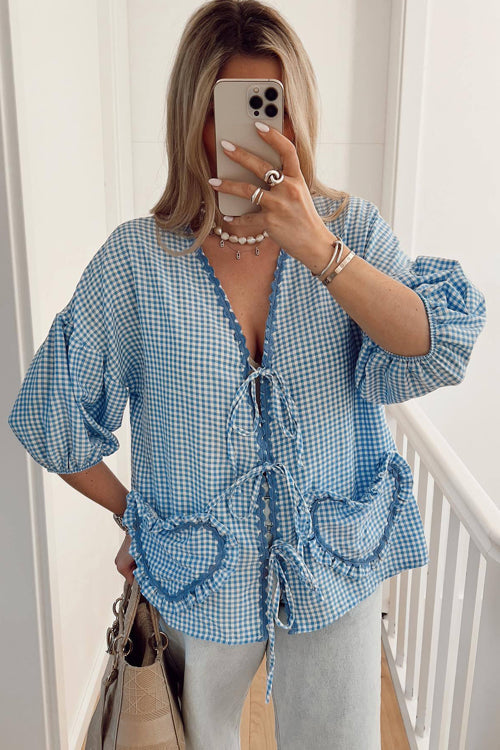 Adorably Elite Tie-Front Gingham Top - 9 Colors Blue