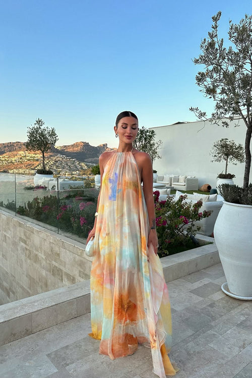 Vaivah Backless Print Chiffon Maxi Dress