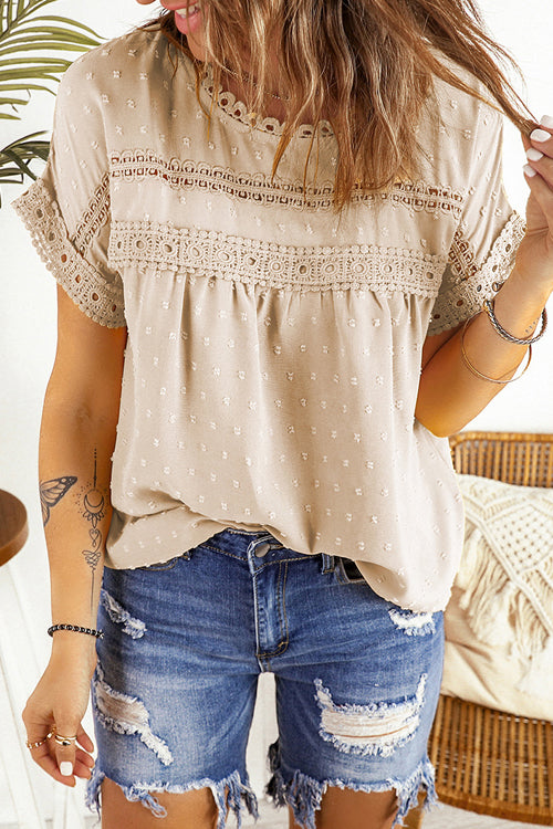 Every Summer Day Lace Dot Short Sleeve Top - 4 Colors Beige