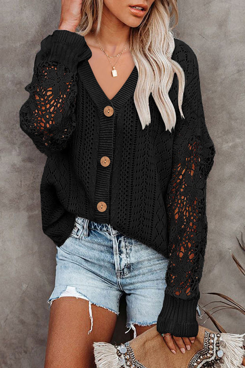 Feeling Your Best Hollow-Out Crochet Sweater Cardigan - 5 Colors Black