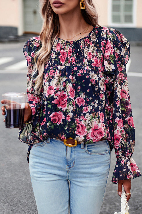 By The Garden Floral Print Long Sleeve Smocked Top - 6 Colors Navy