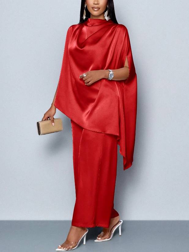 Swing Collar Irregular Hem Shirt And Wide Leg Pants Suit Red