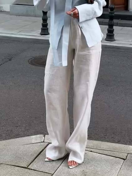 Minimalist Stand-up Collar Ribbon Back Lace-up Shirt and Wide Leg Pants Set-Pants White