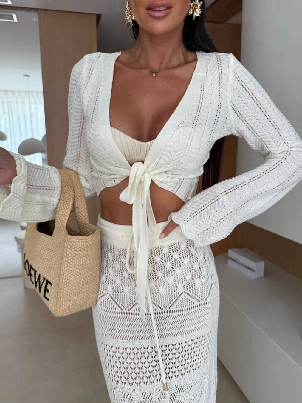 Cutout Knit Top And Skirt Suit-Knit Top White