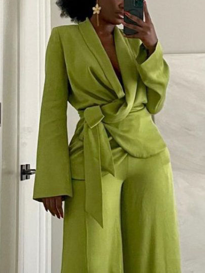 Exquisite Single-Breasted Tie-Down Blazer Lime Green