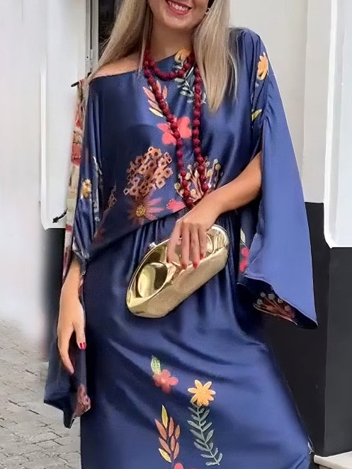 Exquisite Floral-Print Satin Slit Skirt Blue Top