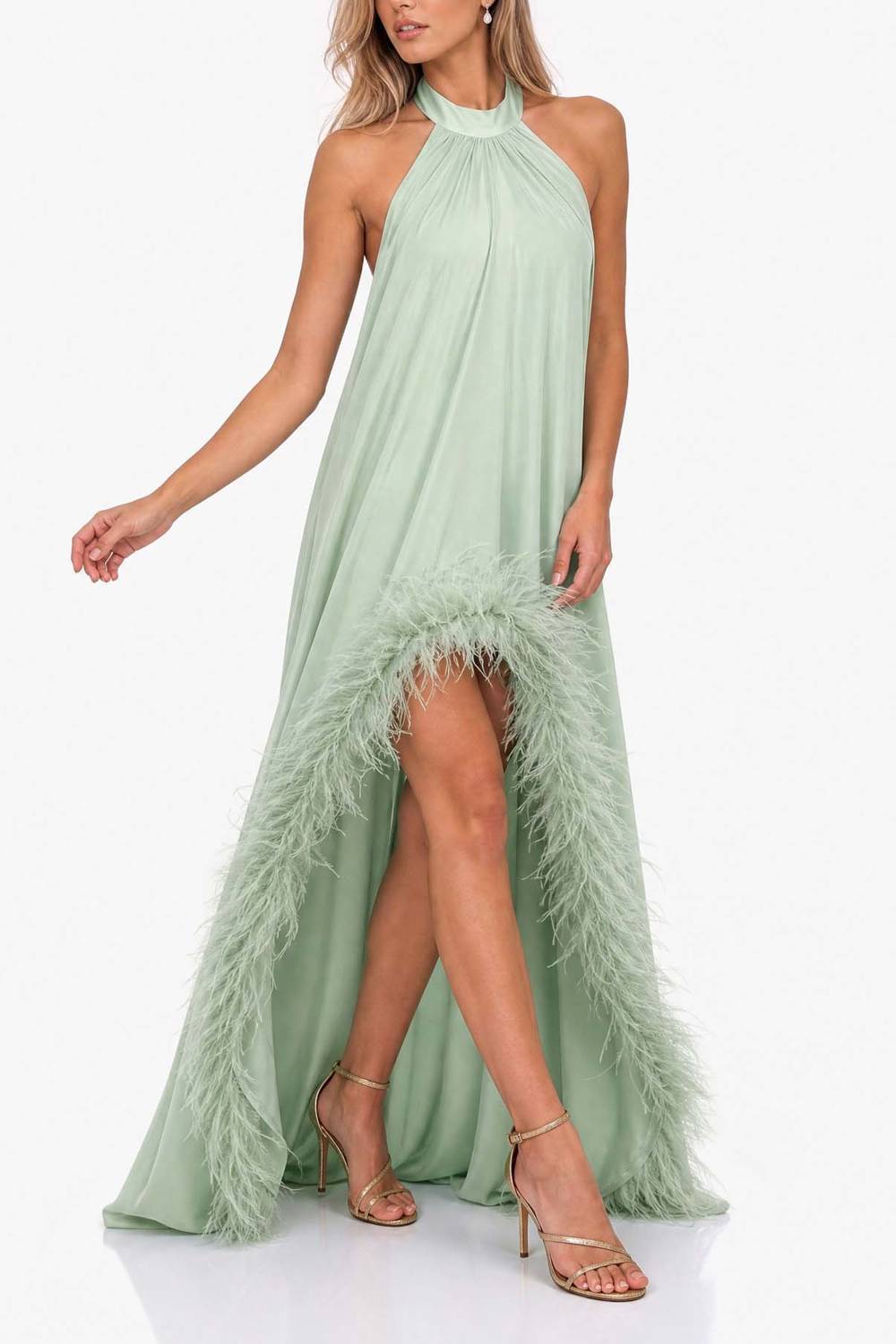 Halter-neck Feather-trimmed High-slit Long Evening Gown Green