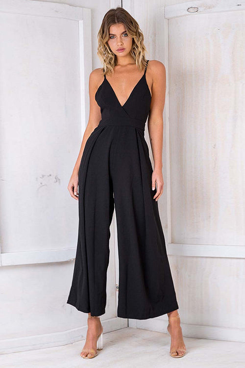 Bowknot-back Wide-leg V-neck Jumpsuit - 3 Colors Black