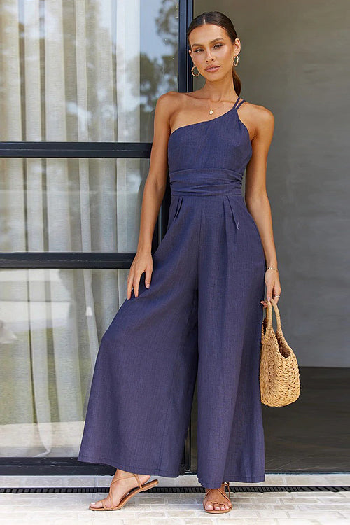 Just Kick It One Shoulder Wide-Leg Jumpsuit - 4 Colors Navy