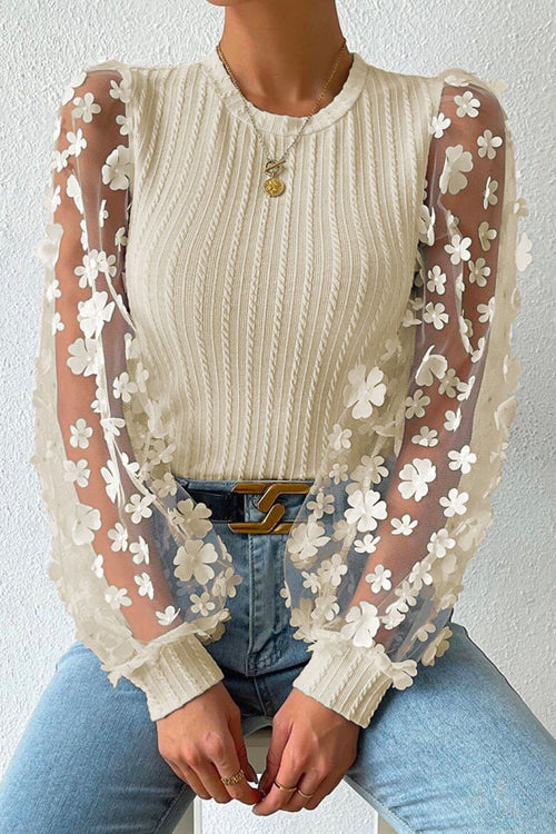 New Days Ahead Flower Ribbed Knit Top - 4 Colors Beige