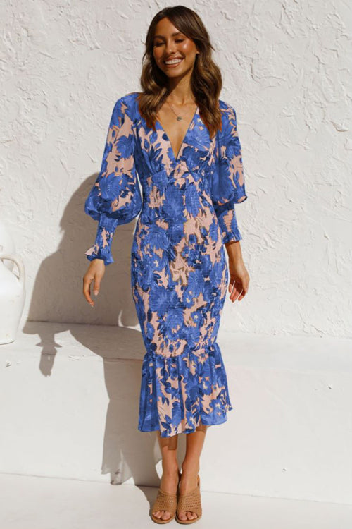 Stay Close Floral Print Smocked Midi Dress - 5 Colors Blue