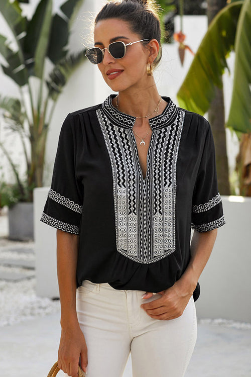 Go-Better Boho Embroidery Short Sleeve Top - 4 Colors Black