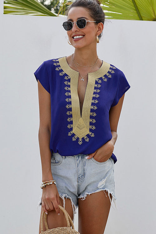 Pretty Pleased Boho Embroidered Short Sleeve Top - 4 Colors Blue