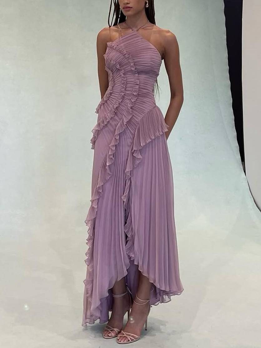 Halter Neck Pleated Backless Dress Pink