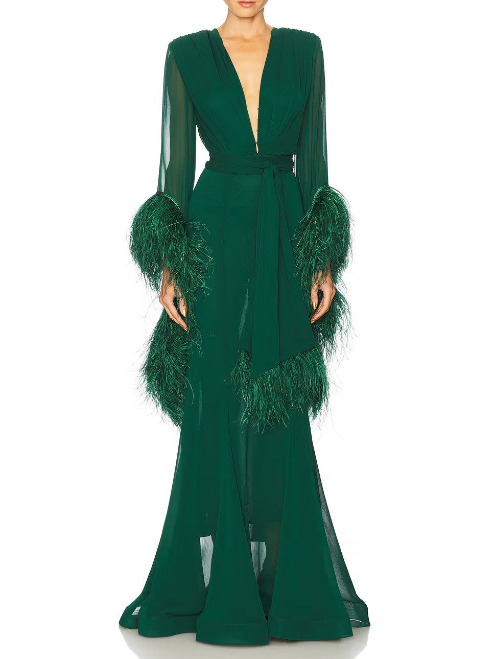 Elegant V-Neck Feather Cuff Chiffon Flowing Party Maxi Dress Dark Green