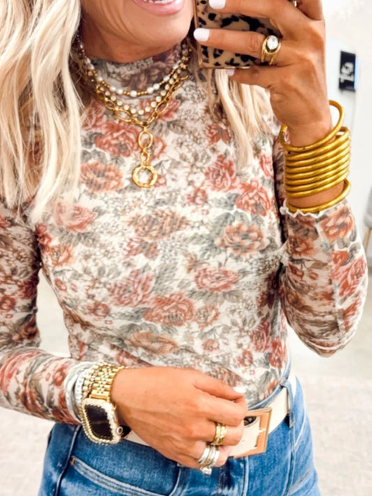 Floral Print Mesh Long Sleeve Top