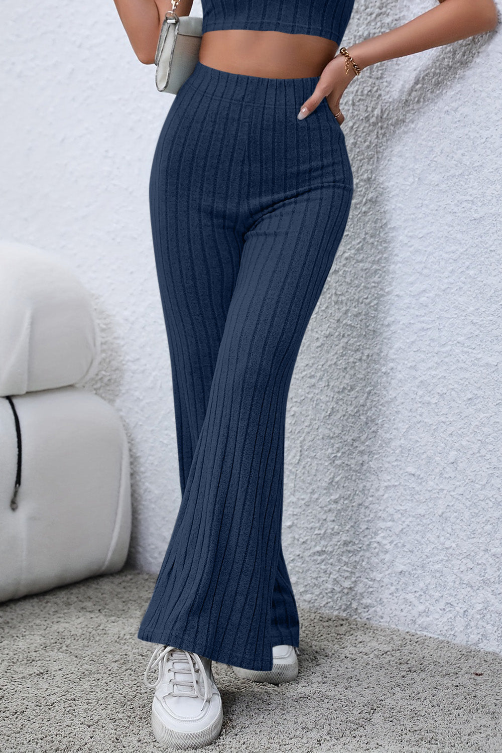 Basic Bae – Gerippte Schlaghose mit hoher Taille in voller Größe