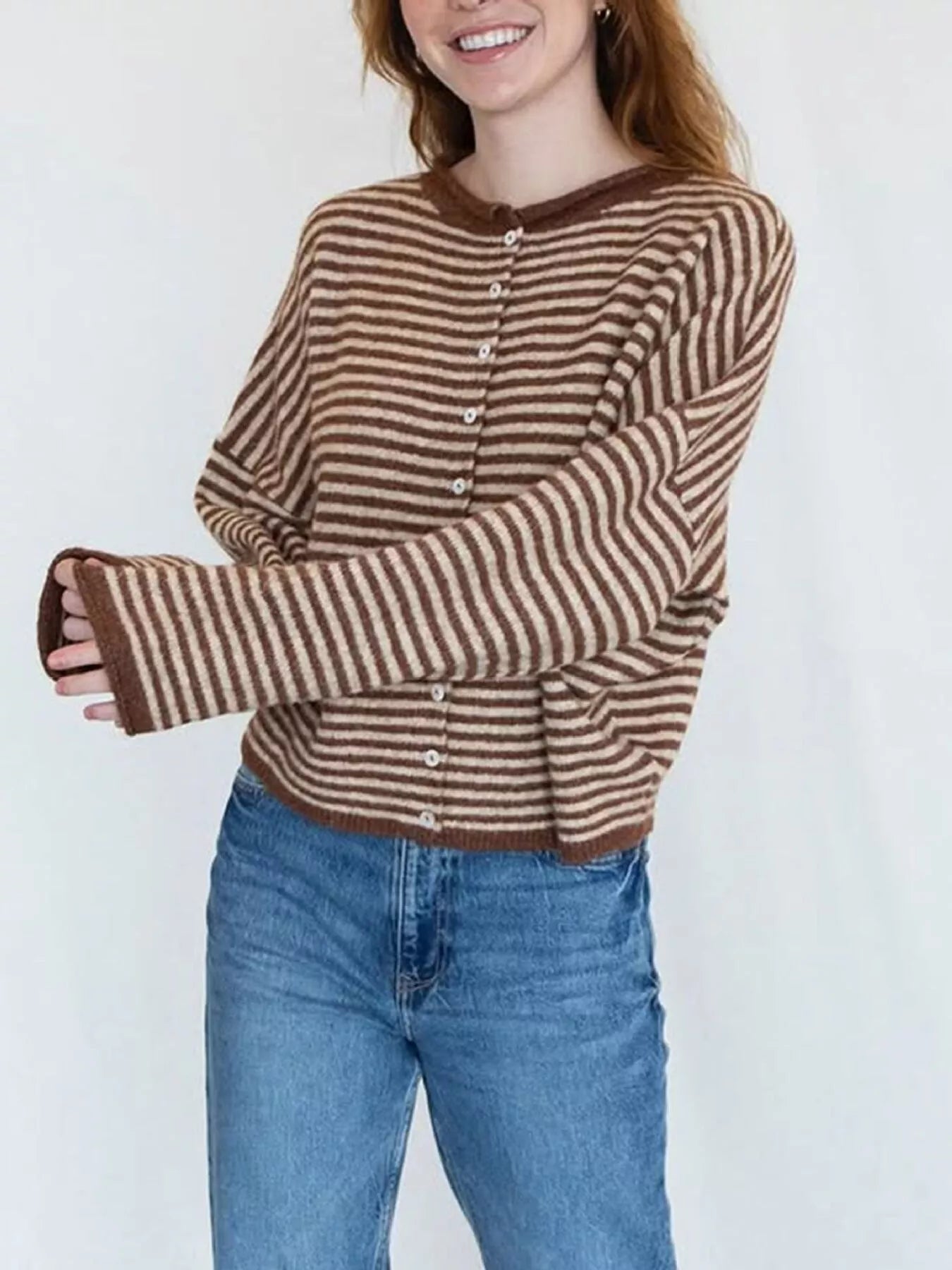 Women’s Striped Button-Down Dropped Shoulder Cardigan – Cozy Knit Sweater