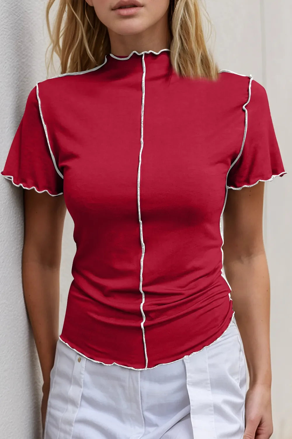 Basic Bae Mock Neck Wave Edge Contrast Stitching Ruffle Short Sleeve Tee Scarlet