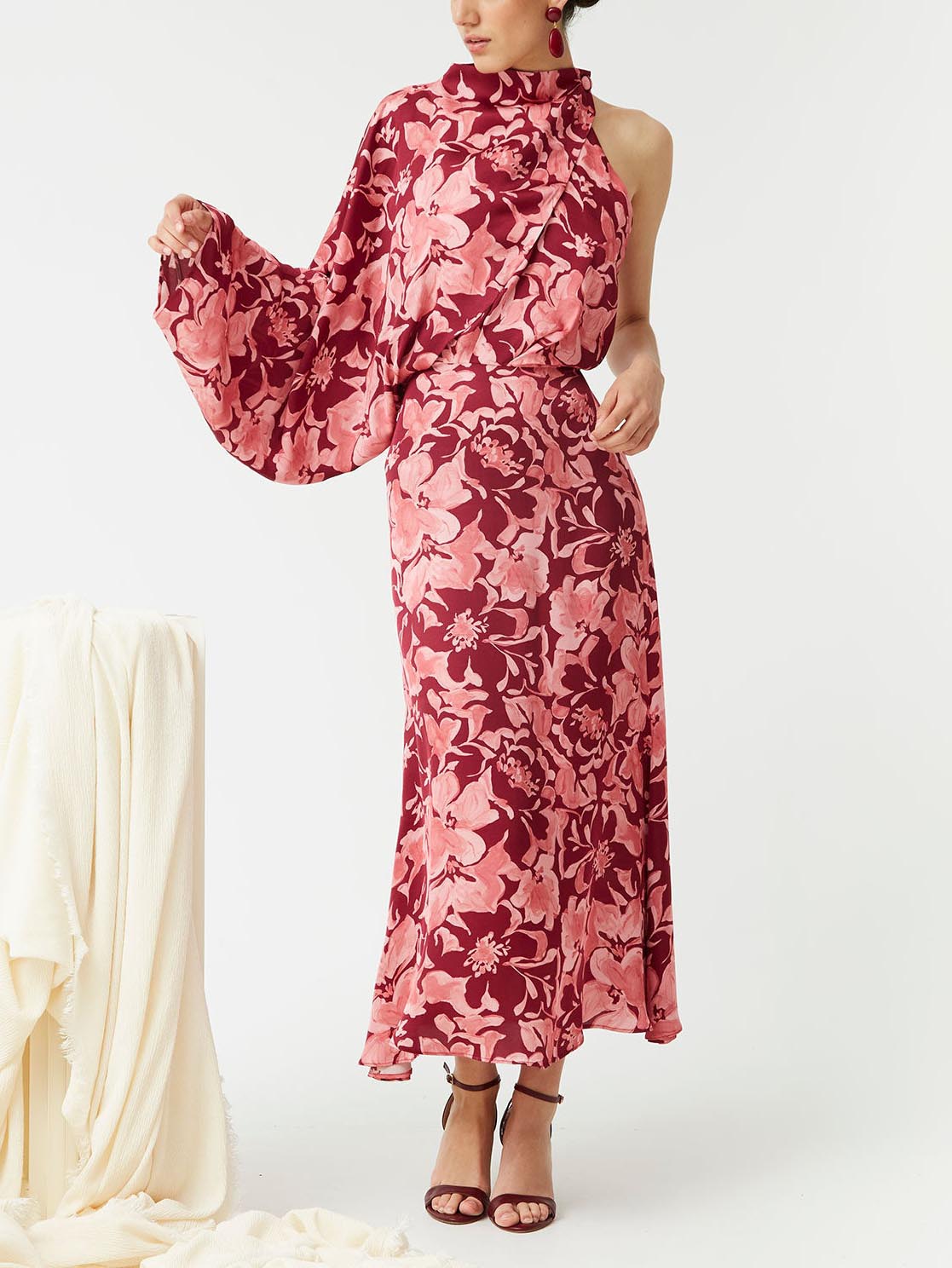 Elegant Painted Floral Print Midi Dress Red