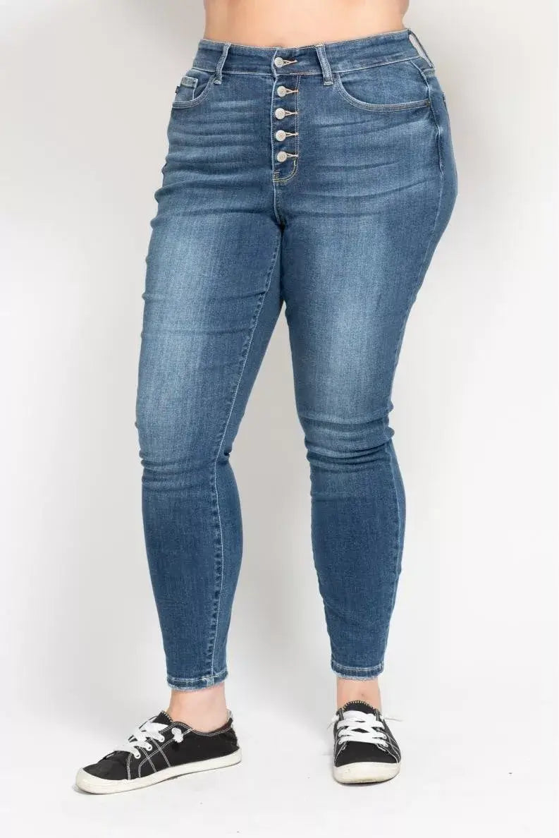Dusty Dark Blue Full Size High Rise Button Fly Skinny Jeans Plus Size