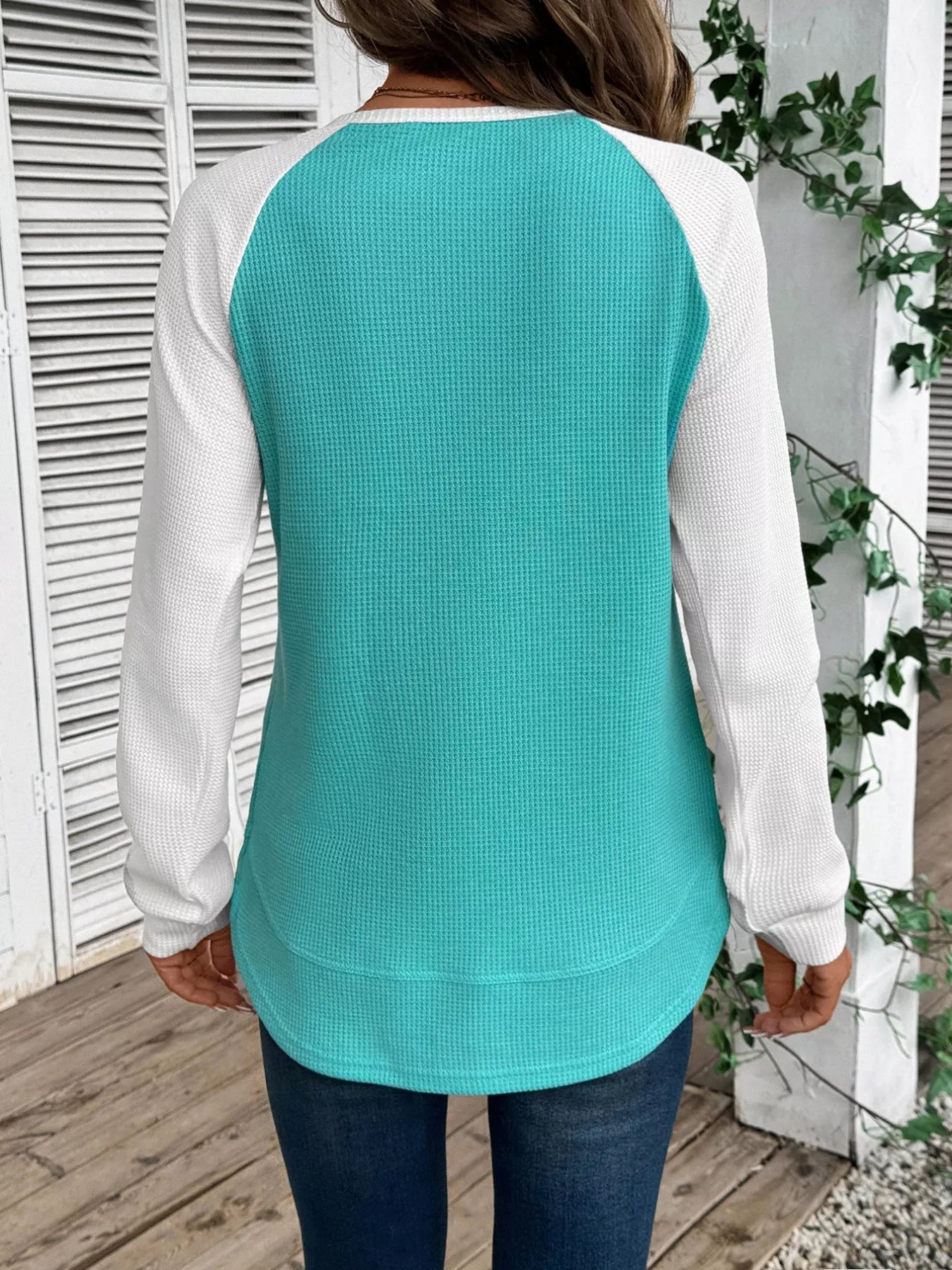 Contrast Raglan Sleeve Waffle Knit T-Shirt