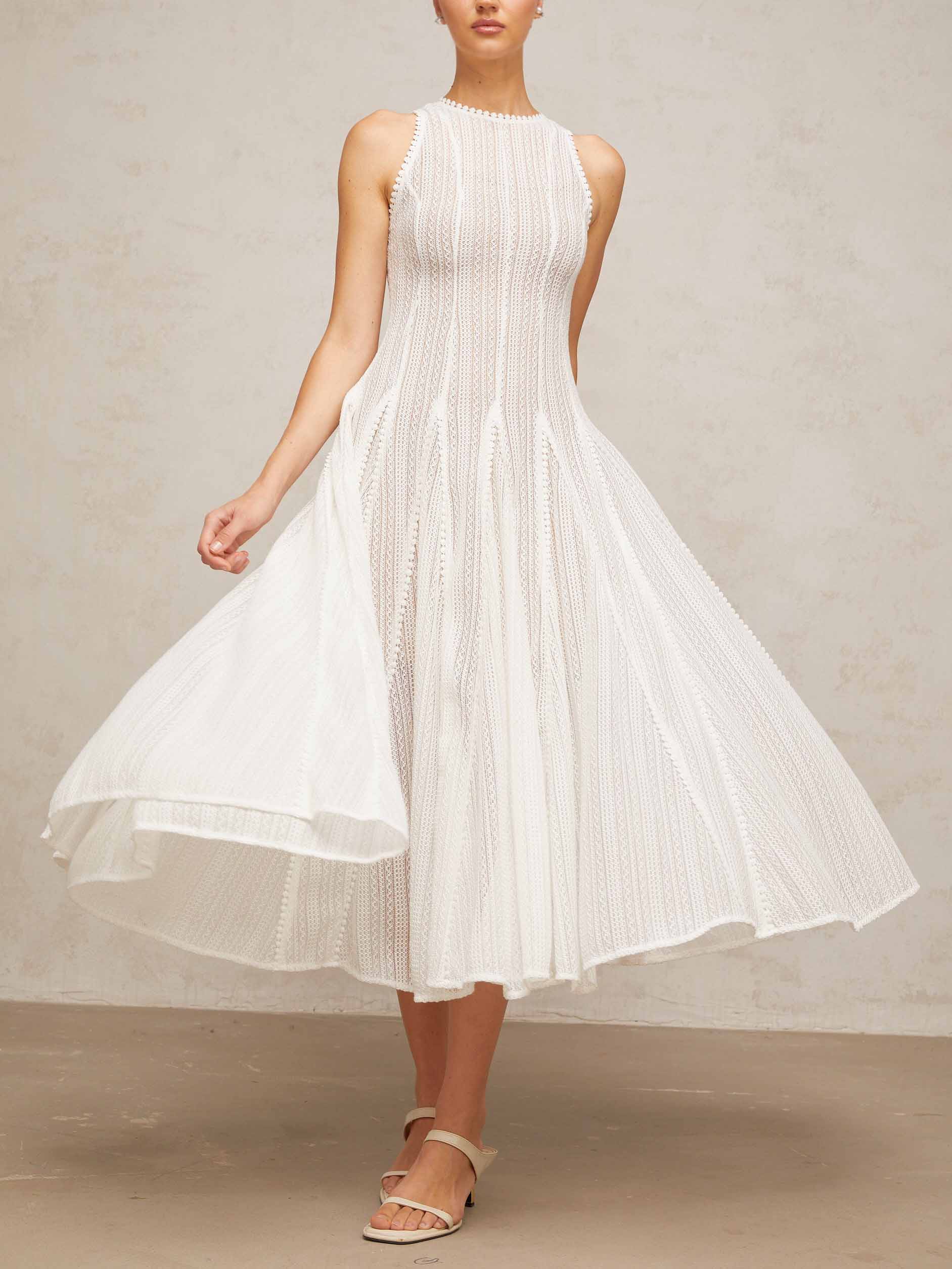Elegant Hollow Lace Slim Sleeveless Swing Midi Dress White