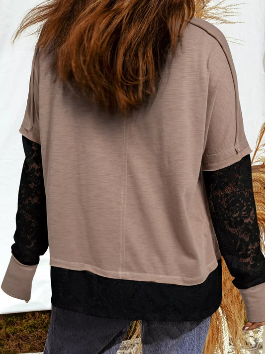 Sheer Lace Patchwork Casual Long Sleeve Tee