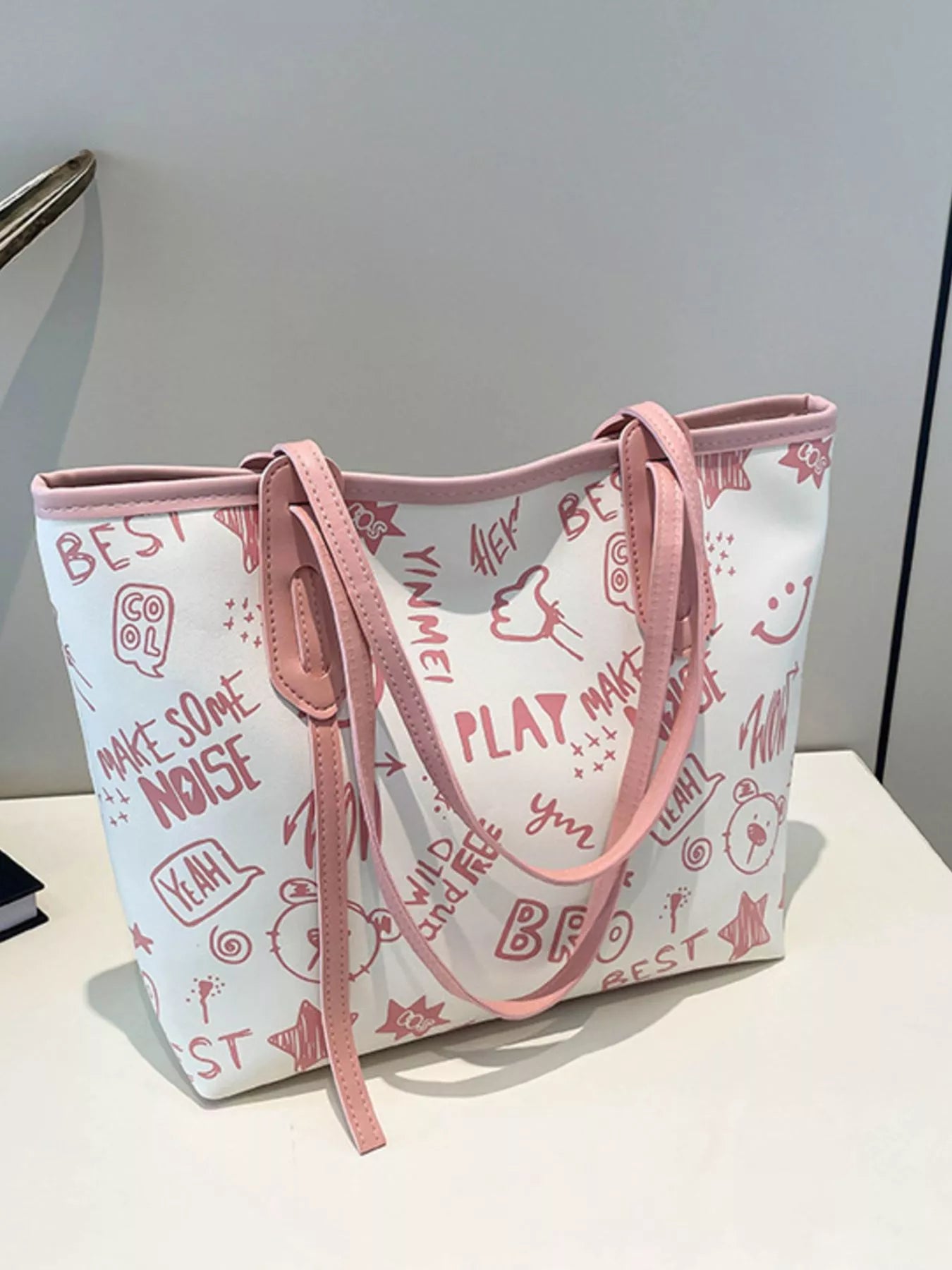 Trendy Graffiti Print Casual Tote Bag – Large Canvas Shoulder Bag for Women