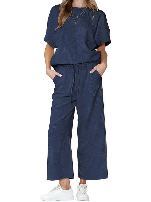 ⏰Hot Sale-Women's Textured Loose Fit T Shirt and Drawstring Pants Casual Set (Buy 2 Free Shipping)