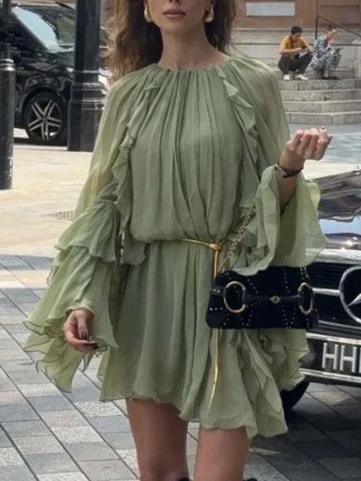 Resort Pleated Tiered Ruffle Mini Dress Green