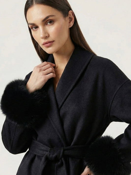 Celine | Belted Coat with Faux Fur Cuffs