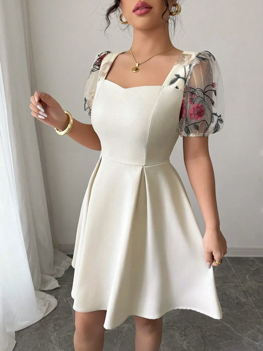 Ivory Square Neck Floral Sheer Sleeve Dress – Elegant Romantic Mini Dress for Women