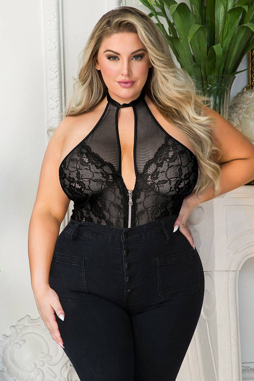 Ladies Sexy Black Halter Lace Front Zip Bodysuit