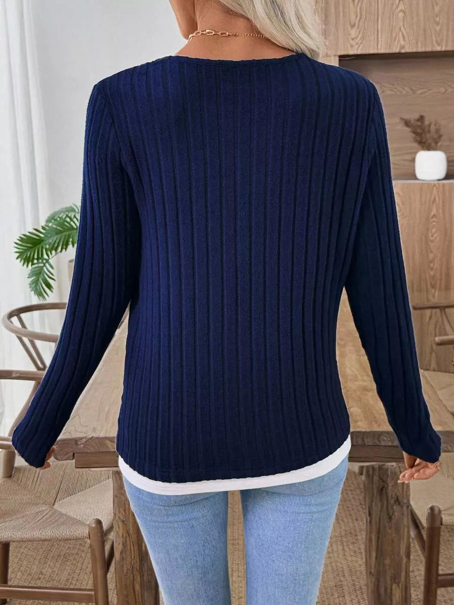Ribbed Knit Long Sleeve Fake Two-Piece T-Shirt